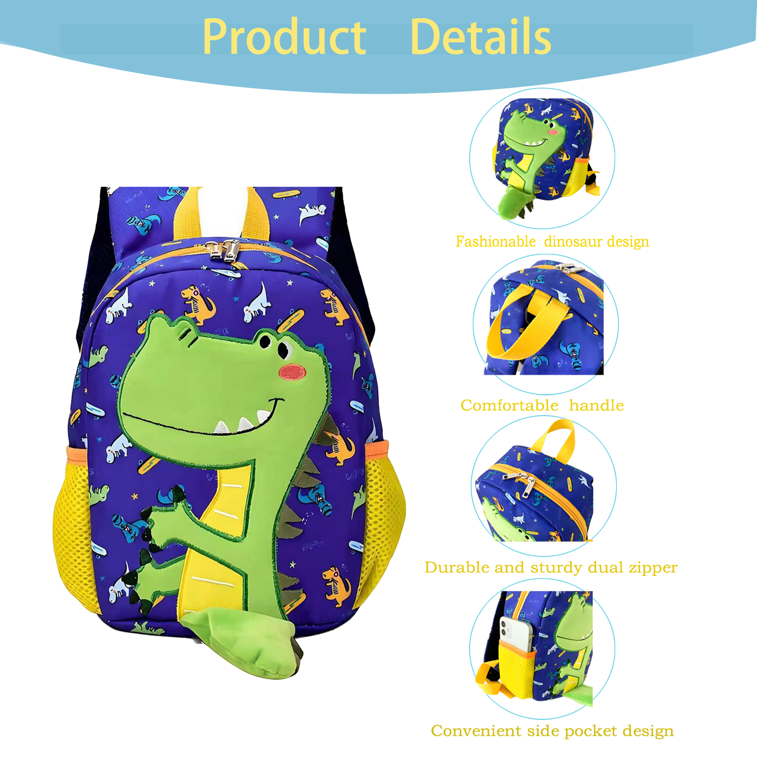 Mochilas para niños pequeños de 2 a 4 años, para escuela, lindas, para kindergarten y preescolar, con estampado de dinosaurio (azul) 3