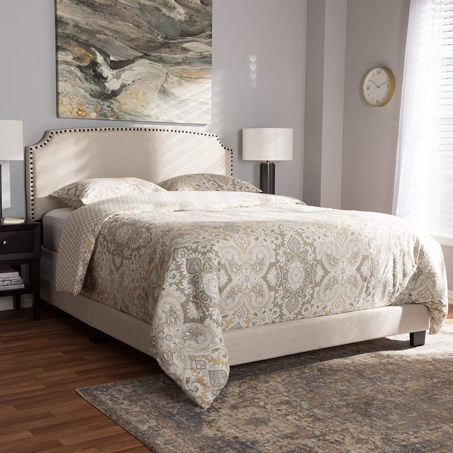 Queen Bed Frame Upholstered Beige Modern Nailhead Trim Headboard