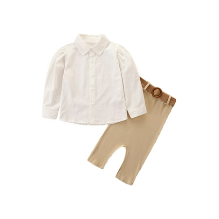 

Gupgi Kid Girls Suit Set Solid Color Turn-Down Collar Long Sleeve Shirt Midi Skirt Waist Belt Clothes Set