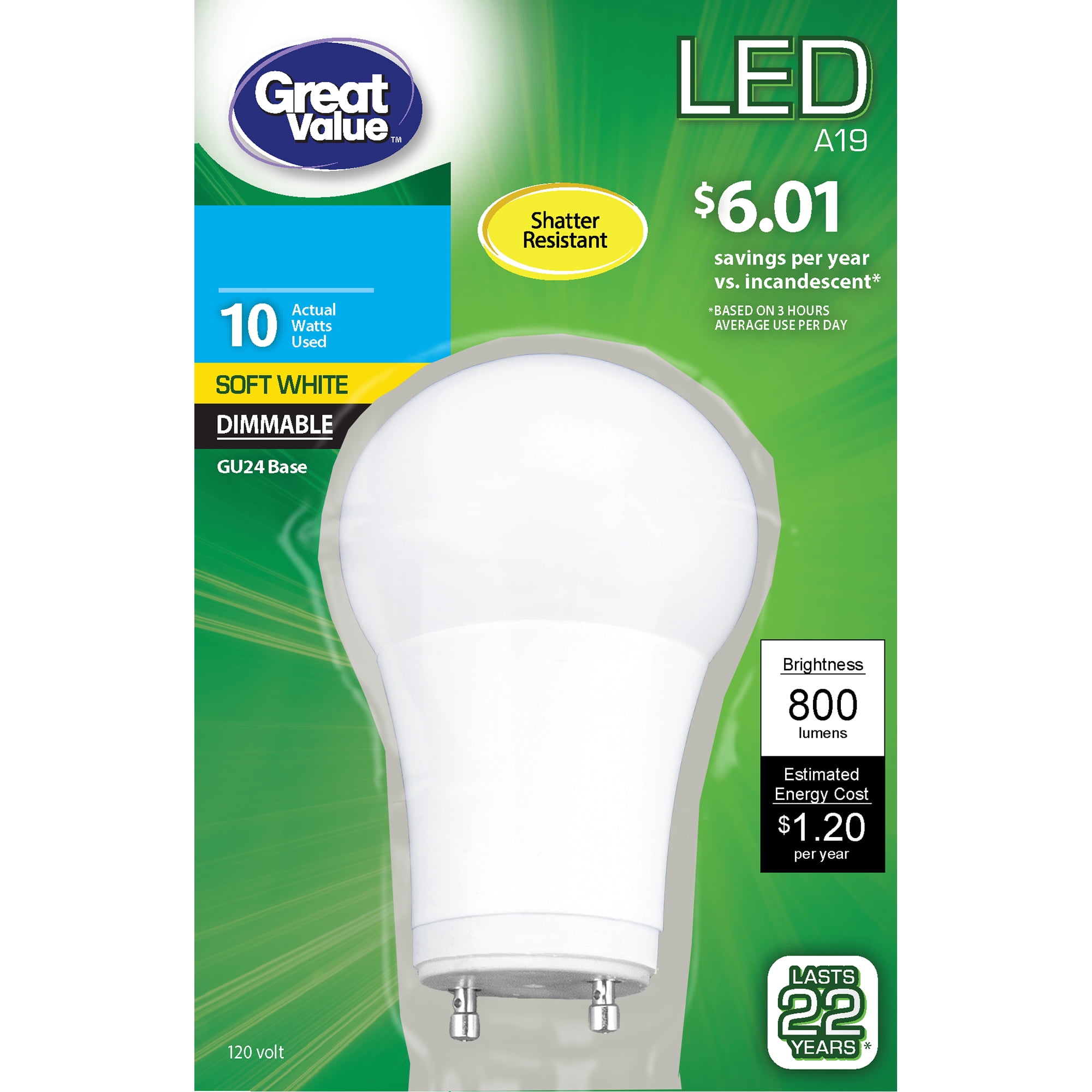 Great Value LED Light Bulb, 10 Watts (60W Equivalent) A19 General