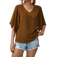 thumbnail image 2 of Womens Summer Tops Dressy Casual Shirts 3/4 Sleeve V Neck Work Blouse Business Casual Shirts Dark Brown XL, 2 of 7