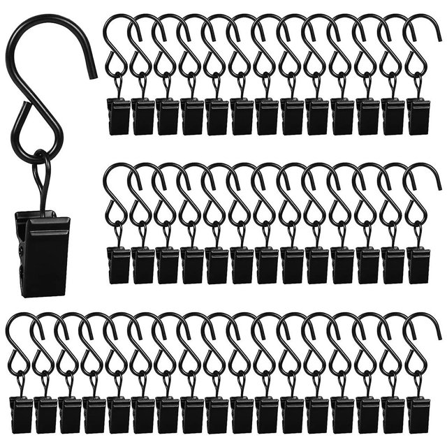 Paquete de 46 ganchos para cortinas, clips de metal, clips de luz para luces de cadena exteriores, ganchos para barra de cortina, foto pequeña, color negro
