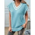 thumbnail image 3 of Oversized Sweater Vest for Women V Neck Cap Sleeve Cable Knit Vest Loose Striped Pullover Tank Tops Blue S, 3 of 8
