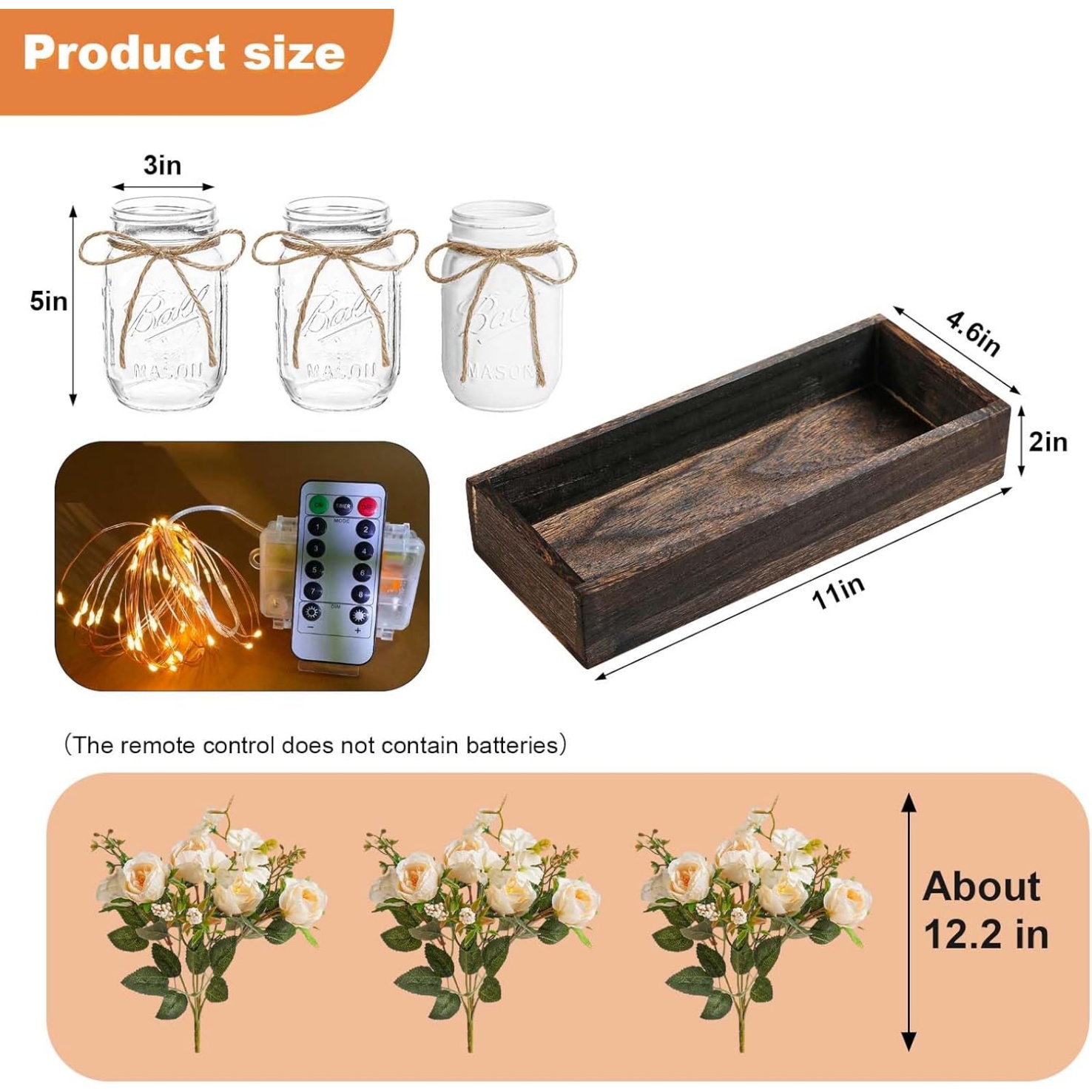 3 Pcs Mason Jar Centerpiece Table Decorations Fake Flowers Artificial Blue Flowers Rustic Spring Centerpieces Decor with Wood Tray and Light Table Decorations for Home Kitchen Living Room