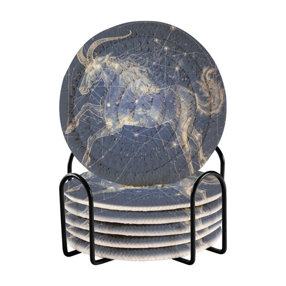 Capricornus Of Zodiac Coasters with Holder for Coffee Table 6 Pcs Drink Coaster Sets Absorbent for Home Decor 4 inch