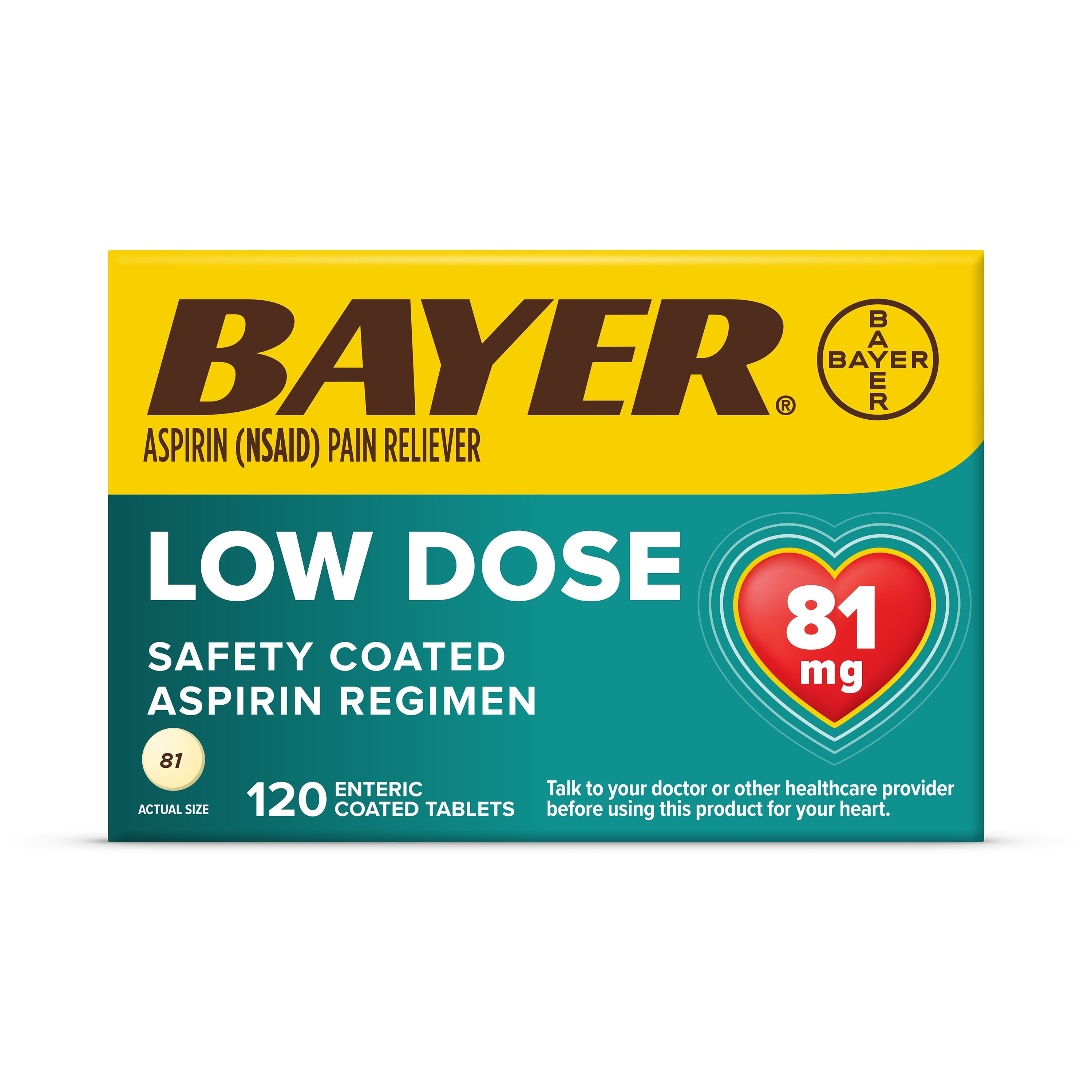 Bayer Low-Dose Aspirin 81 mg Enteric-Coated Tablets, 120 Count