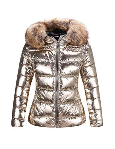 Girl's Kids Metallic Shiny Jacket with Detachable Fur Collar Warmth Winter Outerwear 