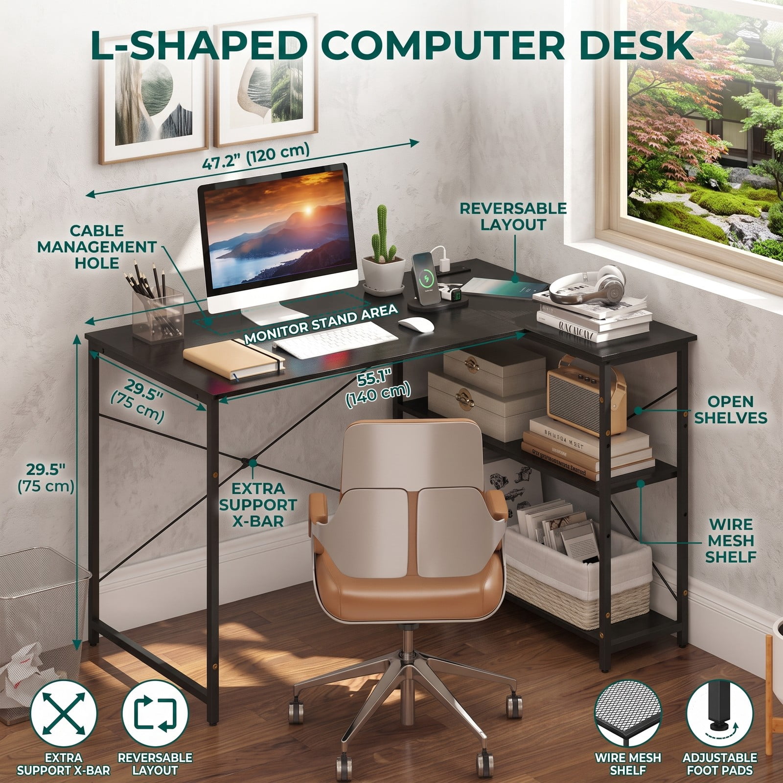 Furnibear L Shaped Desk with Charging Station and Adjustable Shelves, 47 Inch Reversible Corner Computer Desk for Home Office, Black