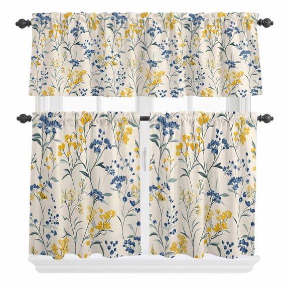 3 Piece Kitchen Curtains and Valances Set Yellow Blue Flowers Cafe Curtains 36 Inch Length Watercolor Botanical Floral Plants Valance & Tier Curtain for Living Room Bedroom Window 54"x18" 27"x36"*2