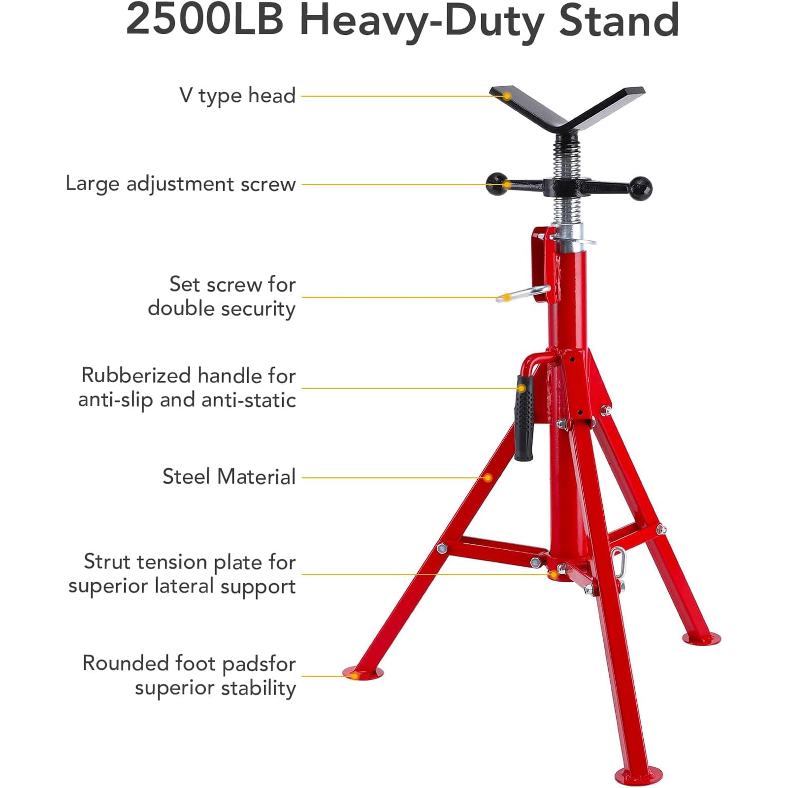 Ladcaser V Head Pipe Jack Stand, 1/8"-12" Capacity, Adjustable Height 28''-52", 2500 LB, Heavy Duty Carbon Steel Body, Folding Portable Pipe, Steel Jack Stands