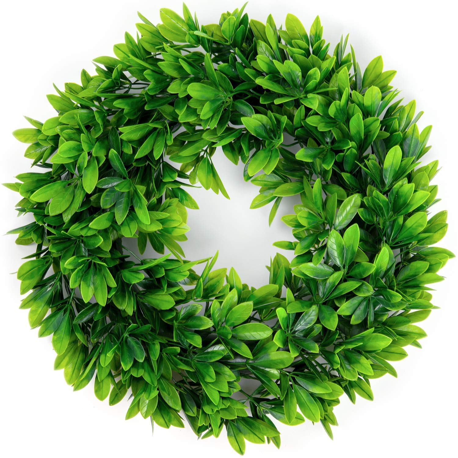 15" Boxwood Wreath Green Bundled with 2 Hooks for Hanging Indoor or Outdoor 