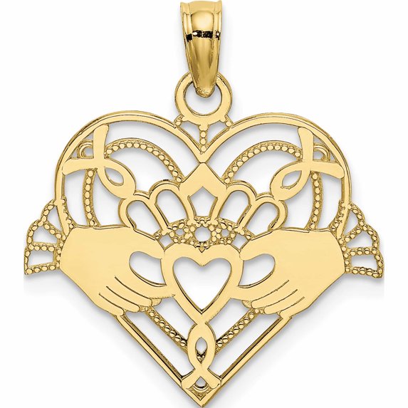 10K Yellow Gold Polished And Beaded Claddagh In Heart Charm Made United States -Jewelry By Sweet Pea