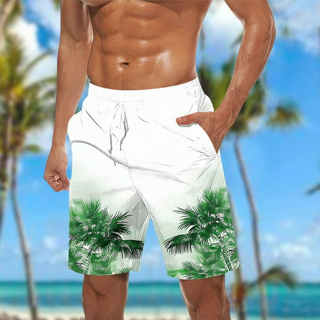 RKSTN Swim Shorts for Mens Coconut Tree Print Extra Plus Size Color Blocking Elastic Waist Drawstring Casual Versatile Beach Vacation Surf Shorts with Pockets