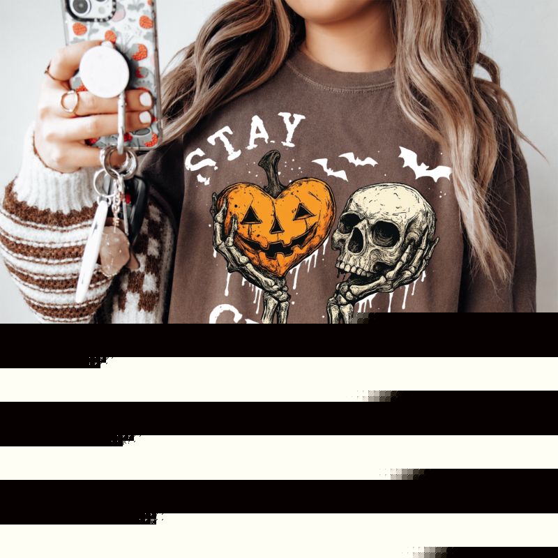 thumbnail image 5 of Stay Creepy Halloween T-Shirt, Pumpkin Skull Graphic Tee, Retro Spooky Season Shirt, Vintage Comfort Colors Halloween Apparel Gift for Her - Espresso, S, 5 of 5