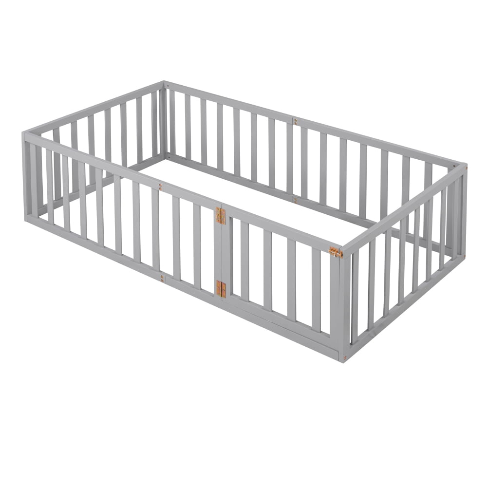 Twin Size Floor Bed Frame for Kids, Solid Wood Montessori Bed Frame with Fence Rail and Door, Montessori Floor Bed Wood Full Bed Frame for Boys and Girls, Gray