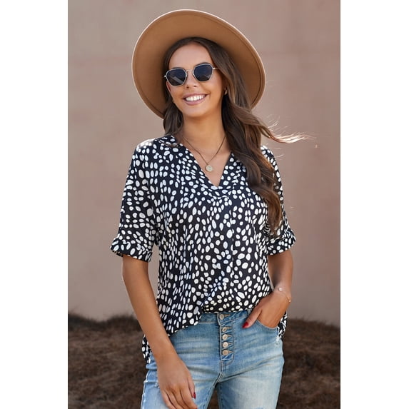 Spots Print Split V Neck Half Sleeve Blouse