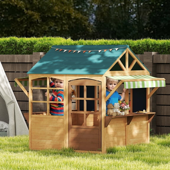 Qaba Outdoor Playhouse, Foldable Wooden Kids Cottage with Windows, Working Door, Snack Bars, Waterproof Covers, for Kids 3-8 Years, Brown