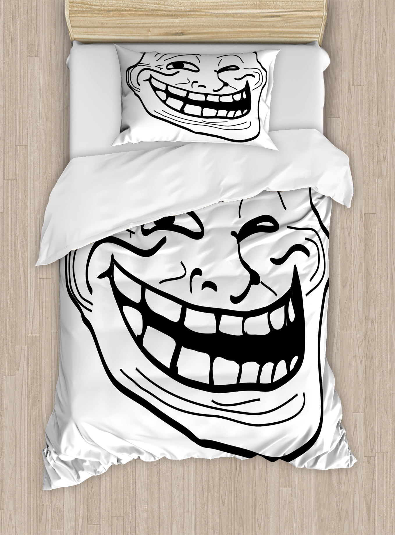 Humor Decor Twin Size Duvet Cover Set, Cartoon Style Troll Face Guy for