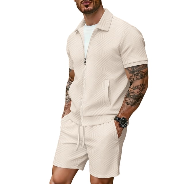 Conjunto de Regalo de los Hombres Primavera Casual Manga Corta Solapa Y Pantalones Cortos para Hombres, Equipamiento de Traje con Patrones Sólidos
