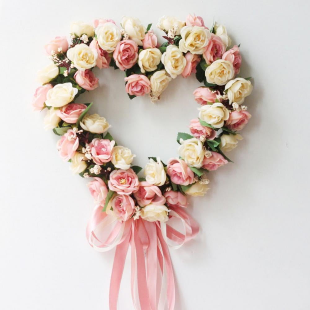 Heart Shaped Wreath Floral Rose Artificial Garland Door Wreath for Home  Wedding Valentine's Day Decoration, Red Pink, 14 inches