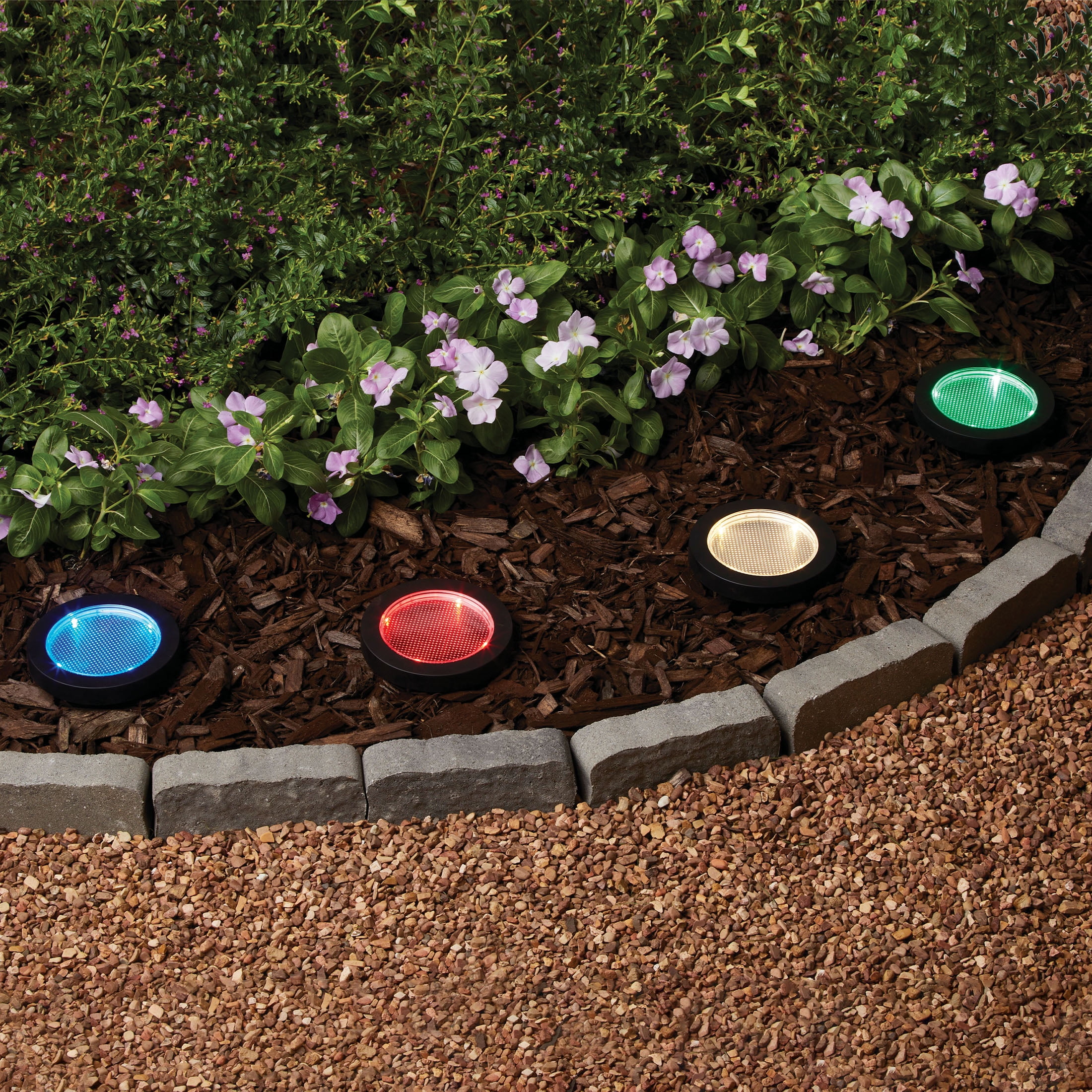 Mainstays Solar Powered Black Landscape Disc Lights with Color Holding LED, 20 Lumens (4 Count)
