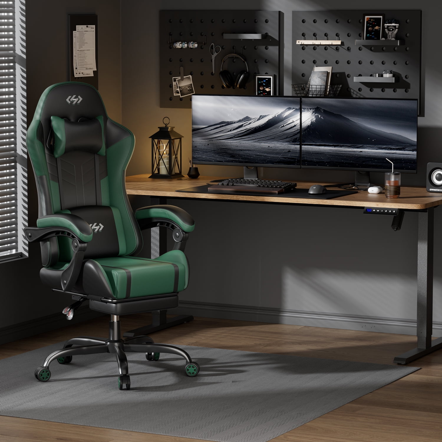 HLDIRECT Ergonomic High Back Gaming Chair with Pocket Spring Cushion, Game Chair with Footrest & Lumbar Massage, Gamer Chair, Computer Chair for Adults, Black & Green