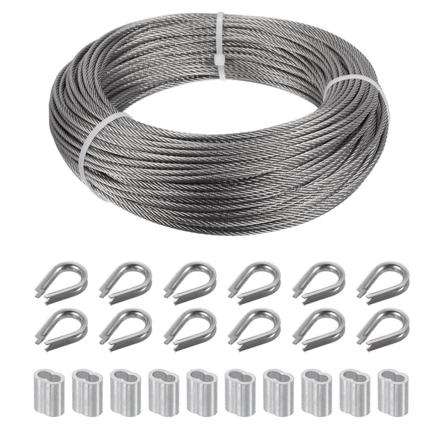 Unique Bargains 1/8'x200ft Wire Rope Cable Stainless Steel Wire Rope 7x7 Wire with 50 Aluminum Crimping Sleeves, 12 Wire Rope Thimbles