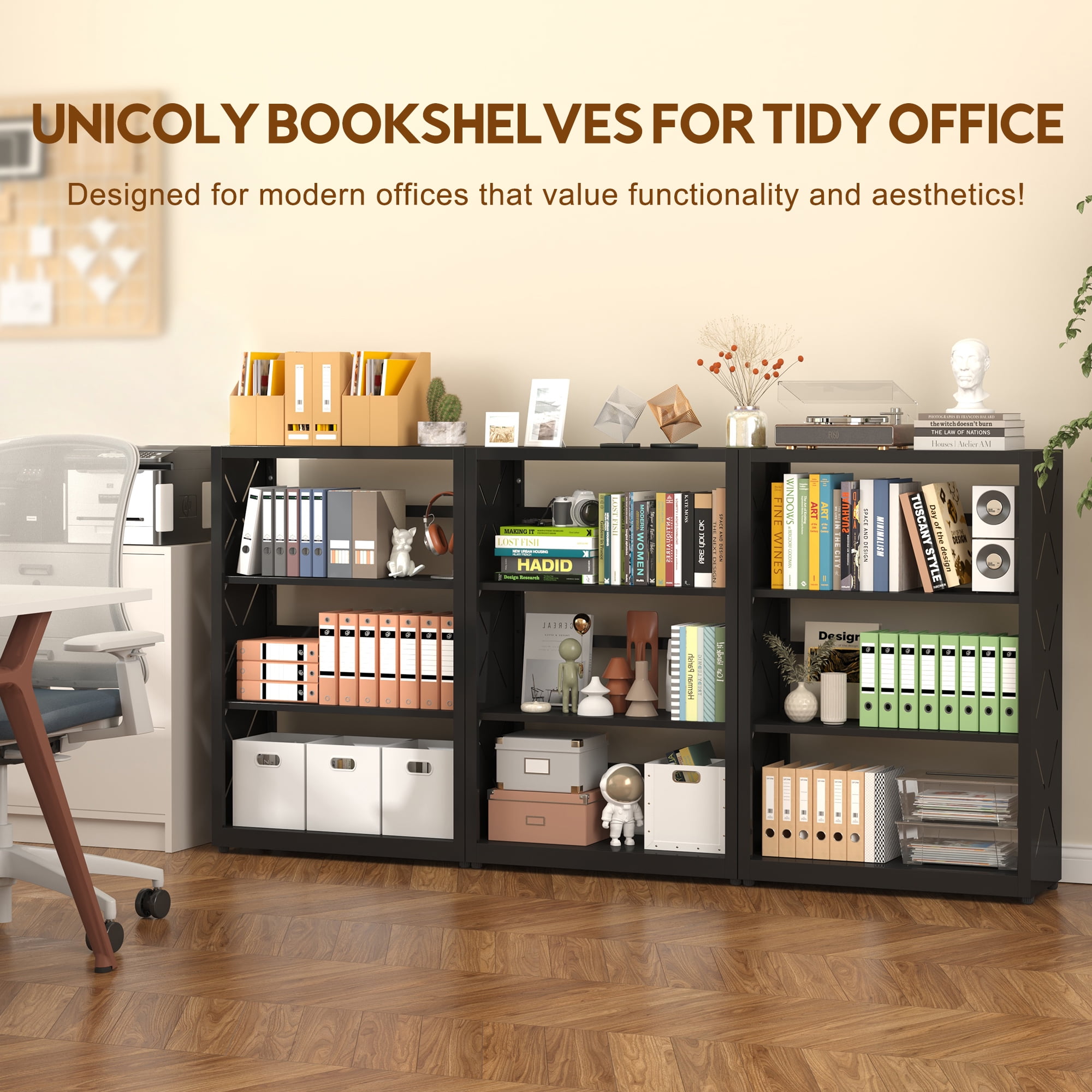 Polup Industrial Style 3-Tier Freestanding Bookcase with Adjustable Metal Shelves, Black, 1-Pack