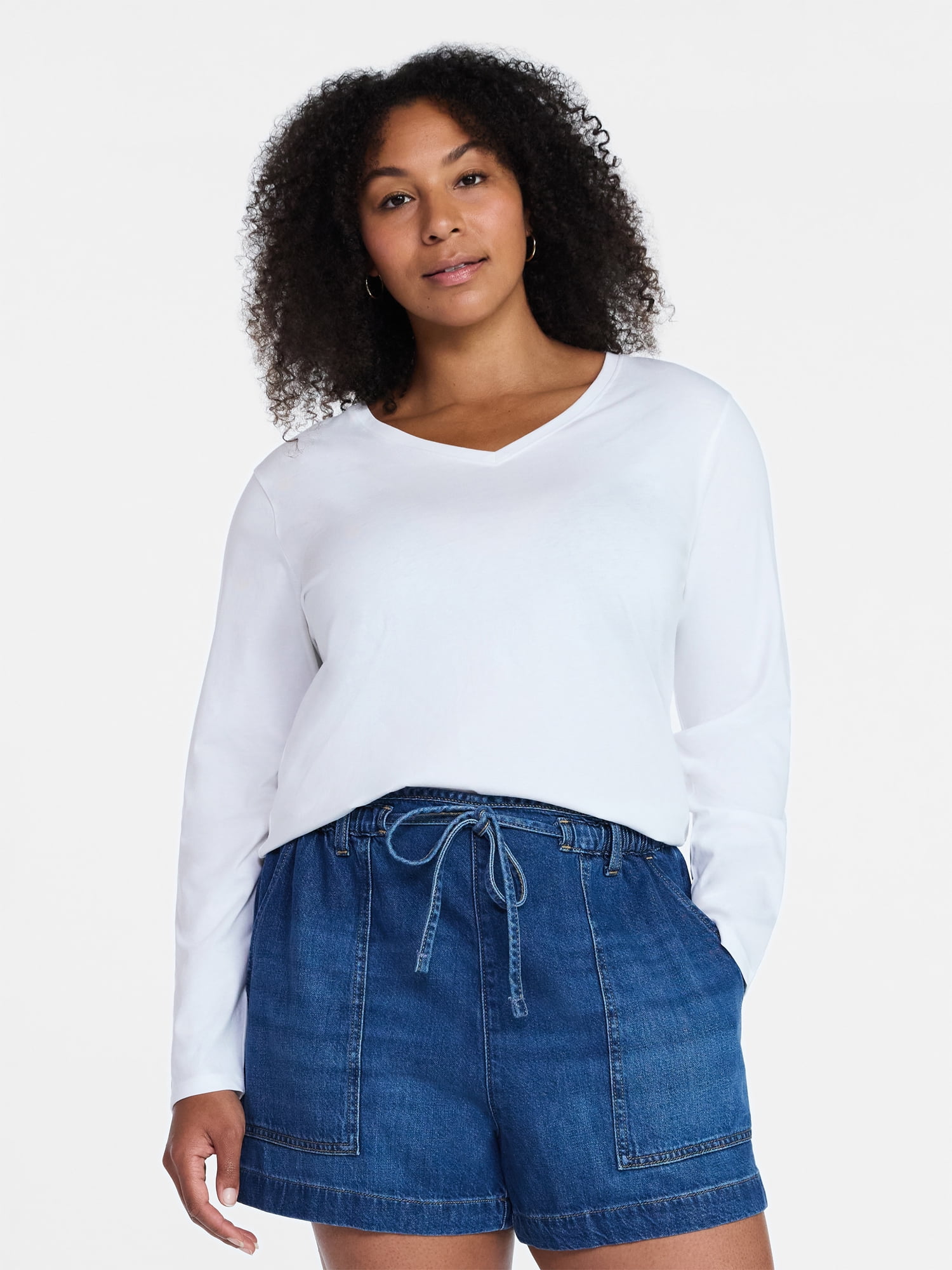 Time and Tru Women's Cotton V-Neck Tee with Long Sleeves, Sizes XS-XXXL