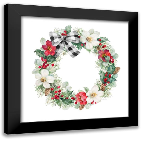 Loreth, Lanie 12x12 Black Modern Framed Museum Art Print Titled - Christmas Red Rose Holly Pine Wreath