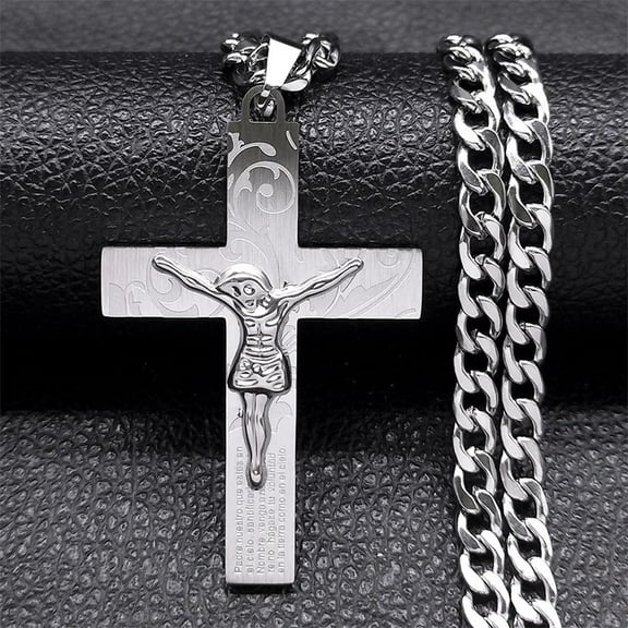 Jesus Cross Pendant Necklace Chain for Men 14K White Gold Crucifix Religious Necklaces Jewelry gargantilla