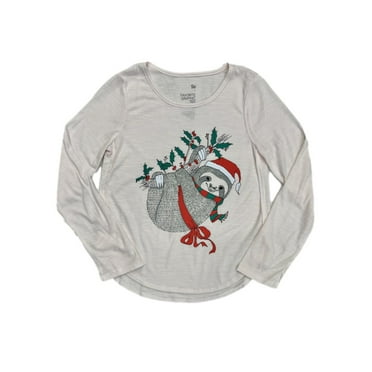 Girls Light Pink Christmas Sloth Long Sleeve T-Shirt Holiday Top Medium 8