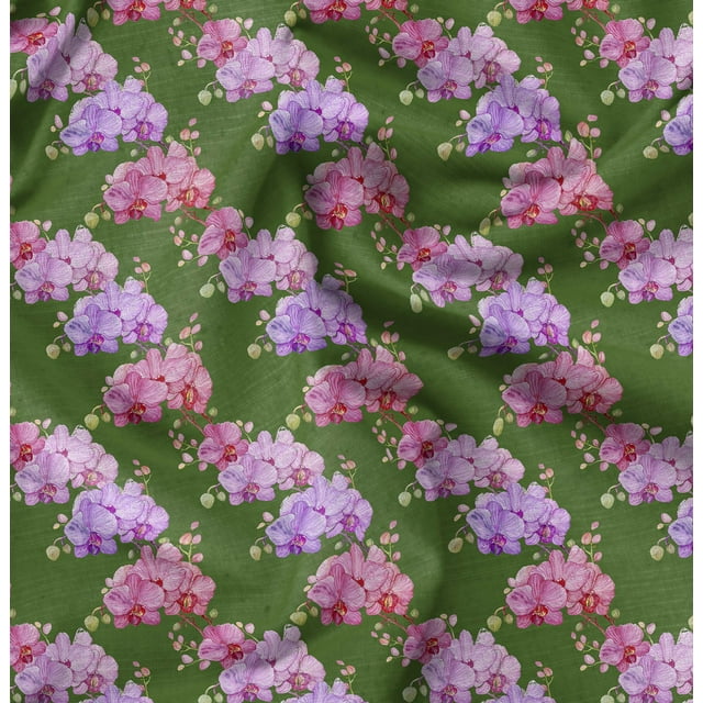 Soimoi Green Modal Satin Fabric Leaf Floral Print Sewing Fabric Yard 42 Inch Wide