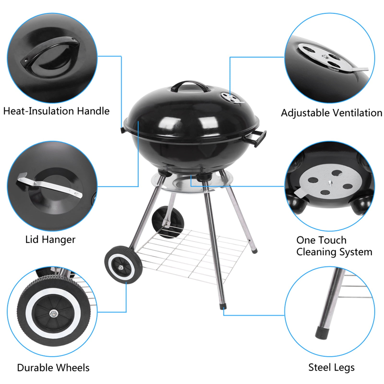 18‑Inch Charcoal BBQ Grill,Heavy‑Duty Round Charcoal Grill with Ash Collector & Adjustable Vent,Portable Outdoor BBQ Grill for Camping, Patio,and Backyard