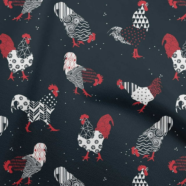 oneOone Cotton Poplin Navy Blue Fabric Rooster Cock Craft Projects Decor Fabric Printed By The Yard 42 Inch Wide
