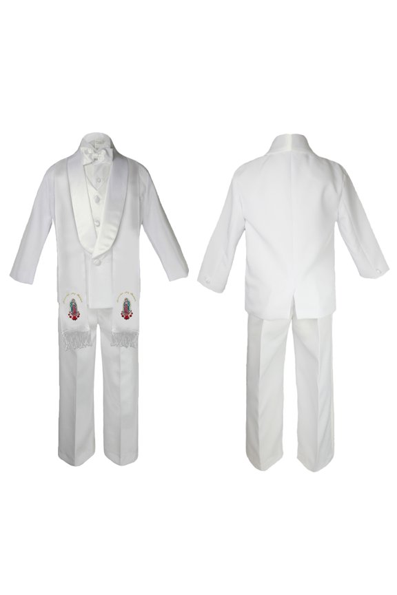 New Born Baby Boy Teen Christening Communion Formal White Paisley Suit Silver or Gold Guadalupe Virgin Mary Maria On Stole SM-20