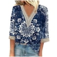 thumbnail image 2 of Weiqiqre Summer Fashion Tops for Women Floral Printed Lace V-Neck 3/4 Sleevet Casual T-shirt Blouse, 2 of 5