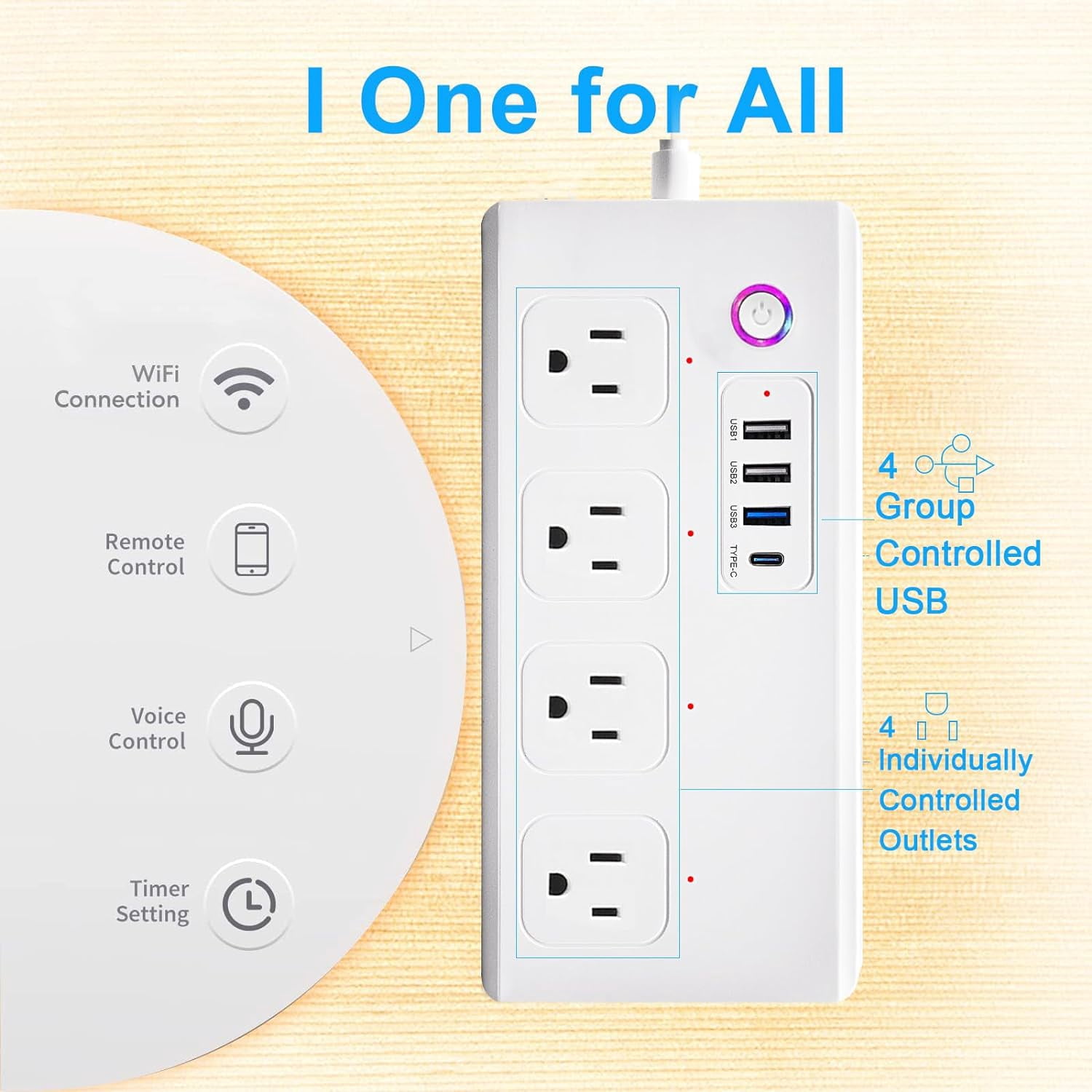 Matter 16A Smart Power Strip WiFi Plug Multiple Outlet Surge Protector 4 AC Outlets,3 USB Port,1 Type-C Port, Compatible Work with Apple Homekit,Amazon Alexa, Google Home,Only supports 2.4GHz WiFi
