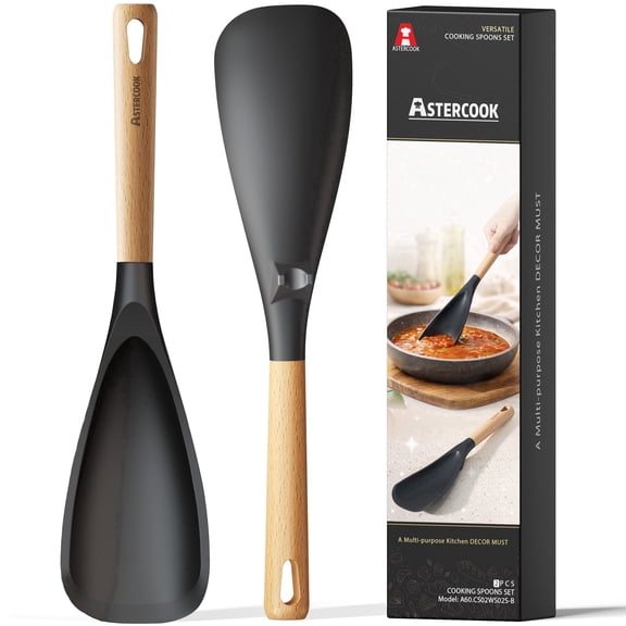 Astercook 2 Pack Silicone Cooking Spoons for Nonstick Cookware, Heat Resistant BPA-Free Spatula Spoon Set with Wood Handle & Built-in Spoon Rest, Kitchen Utensils for Stirring, Scooping, Serving