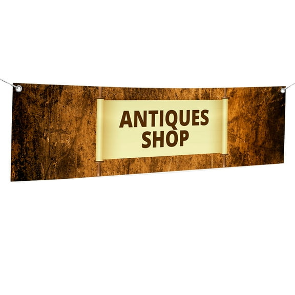 Antiques Store Large Banners and Signs for Outdoor by DreamController-Polyester Banner with 4 Holes for Easy Hang Indoor & Outdoor| 4x1 Feet UV & Water Resistant HD Banner for Business Promotion|