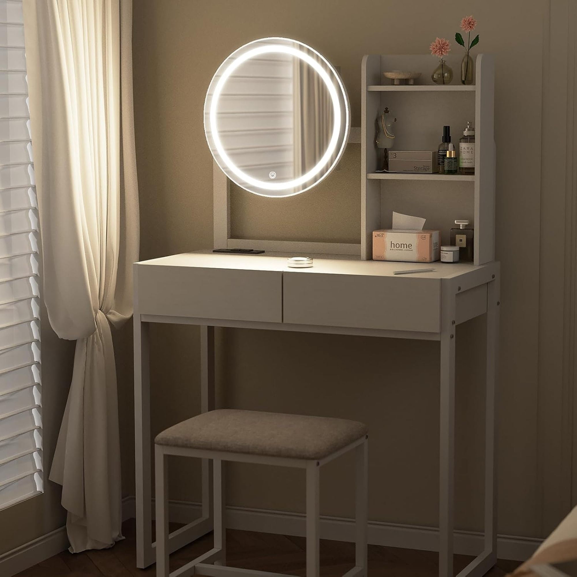 Leumius Small Vanity Desk with Mirror and Lights, Makeup Vanity Table with LED Mirror, 3 Lighting Modes, Power Outlet, Drawer, Open Shelves and Cushioned Stool for Bedroom (White)
