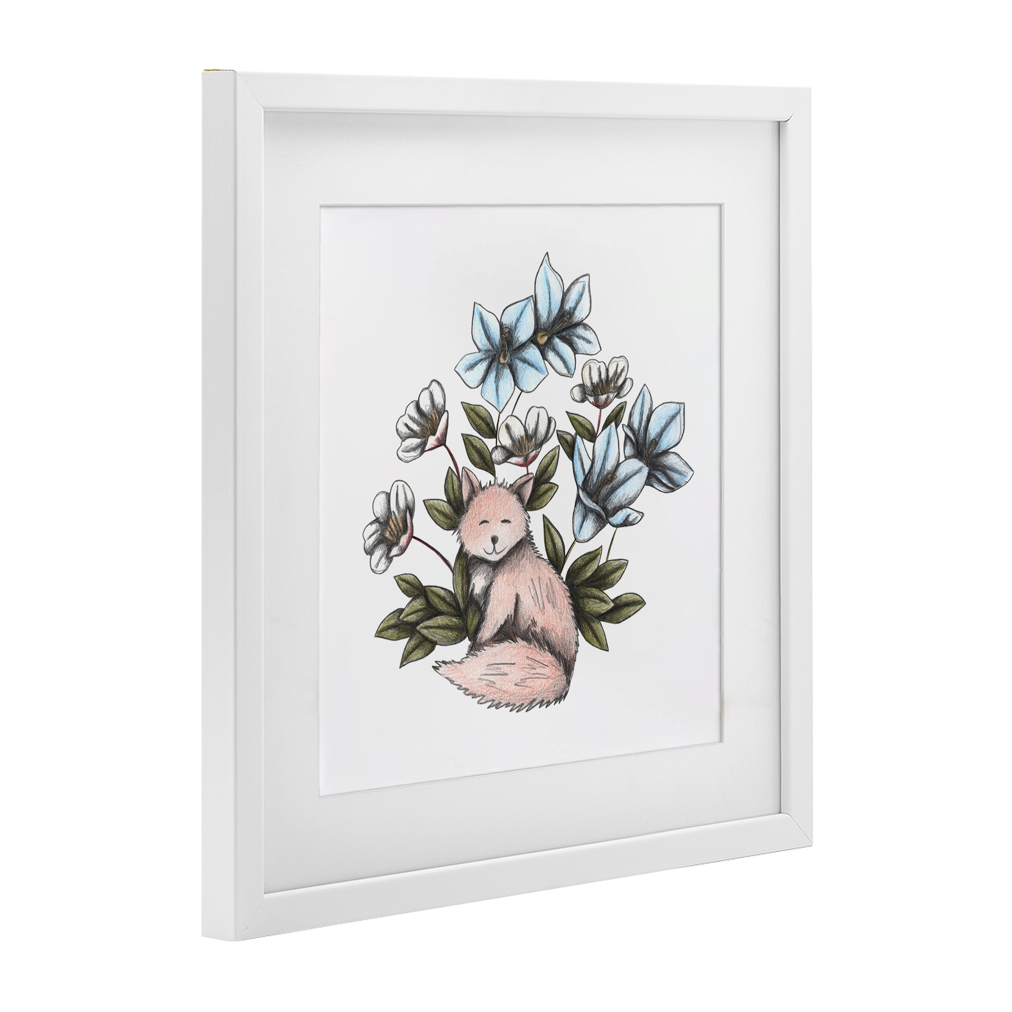 Gentle Fox with Flowers White Framed Print Under Glass, design by Cecilia Battaini