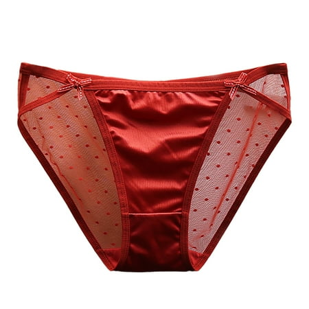 vigerkar Women Silky Satin Panties Mesh Lace Briefs Underwear Low Rise Plus Size Panty Silky Tactile Touch Seamless Panties Red  L