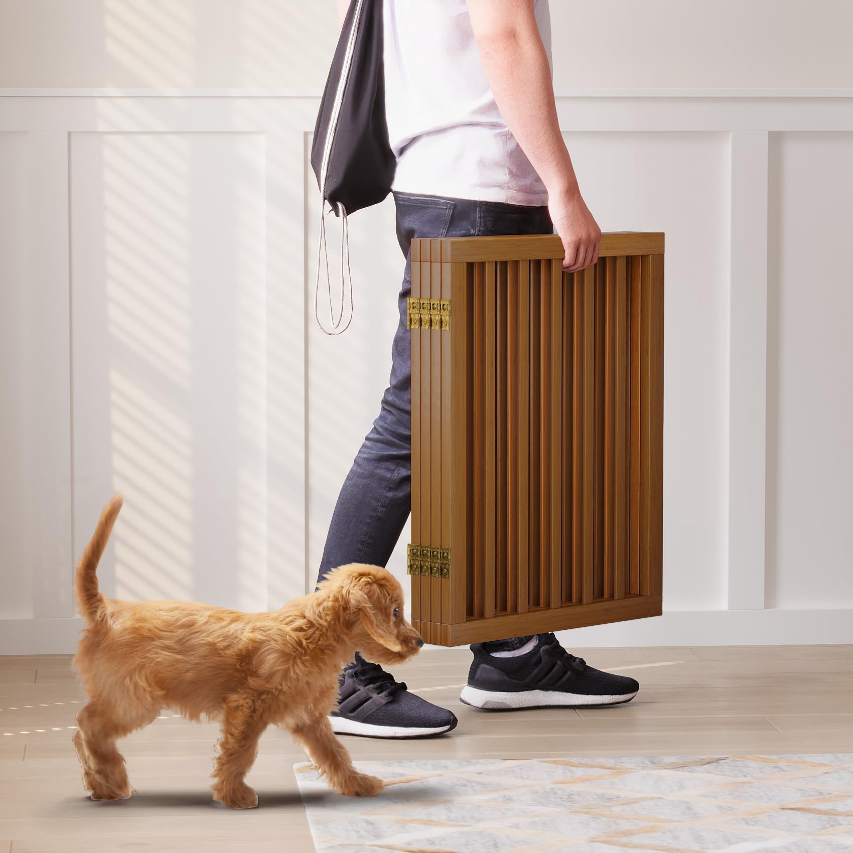 Smart FENDEE Bamboo Dog Gate Freestanding Pet Gate with 2 Support Feet for Doorways,Walnut,24"H,4 Panel