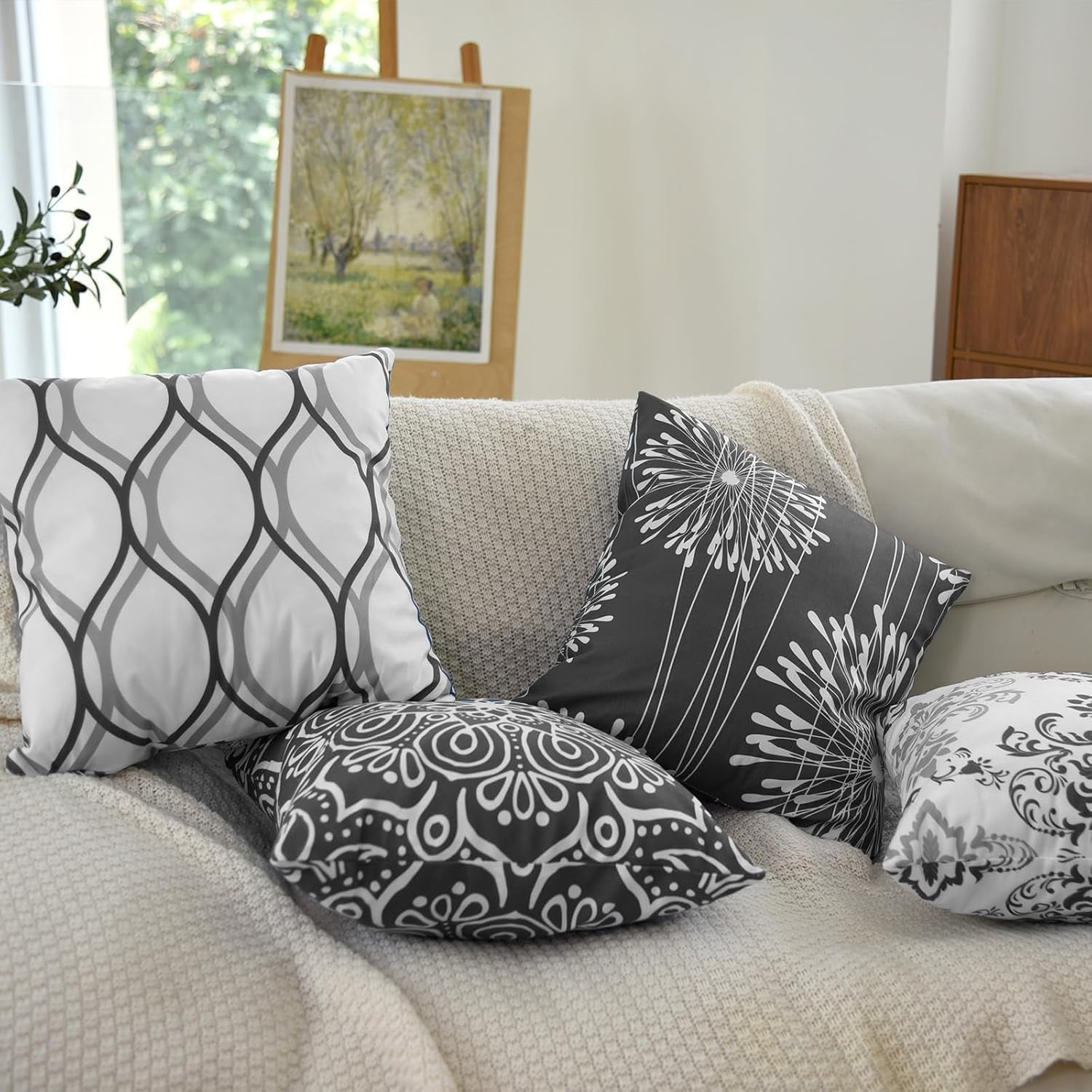 Decorative Throw Pillow Covers 20x20 Set of 4, Dark Grey and White Modern Simple Square Pillow Case Cushion Cover for Sofa Couch Farmhouse Outdoor Living Room