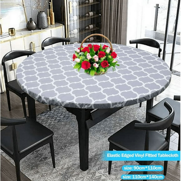 Eky Fitted Vinyl Tablecloth Round,35" to 43" Diameter Round Picnic Tablecloth,Waterproof Wipeable PVC Elastic Fitted Table Covers,Grey & White Printing Tablecloths for Camping,Indoor,Outdoor
