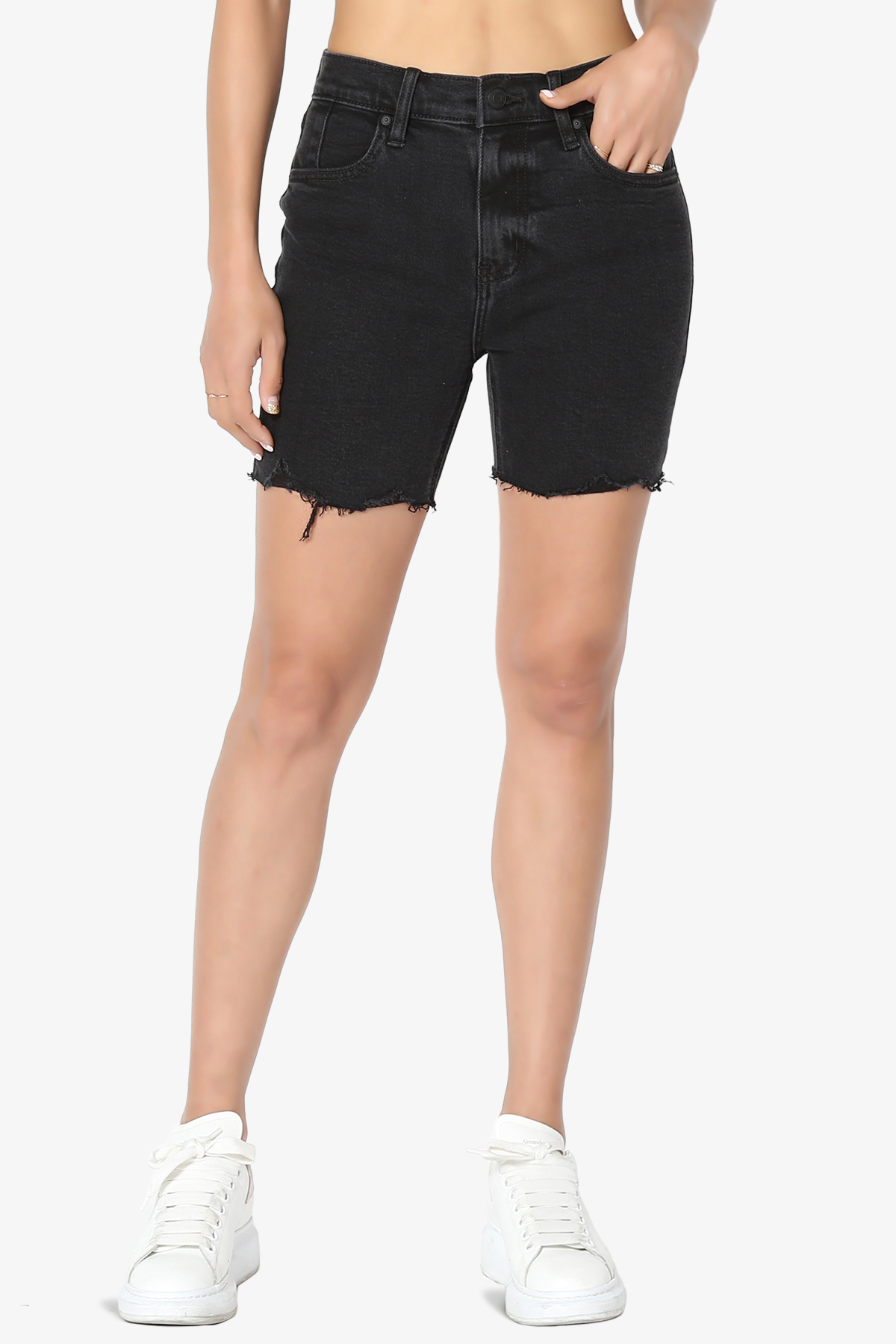 TheMogan Women's High Rise Mid Thigh Stretch Denim Skinny Jean Shorts Washed Black - image 2 of 7