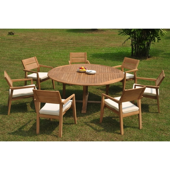 Grade-A Teak Dining Set: 7 Seater 8 Pc: 72" Round Table And 7 Vellore Stacking Arm Chairs Outdoor Patio WholesaleTeak #WMDSWVm