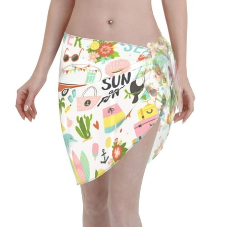 Qekee Hello Summer Women s Short Sarongs Cover Ups Sheer Bikini Wraps for Swimwear