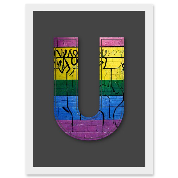 Letter U Sriped Wall Yellow Purple Green Blue Decorative Graffiti Mural Alphabet Initial Stencil Artwork Framed Wall Art Print A4